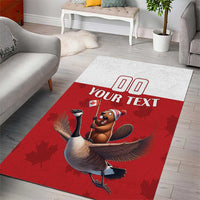 Red and white rug with centered Canada goose and bear rider, 'Your Text' banner