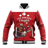 Red varsity baseball jacket, black/white ribbed trim, front snap closure, bear graphic