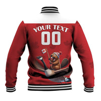 Red varsity baseball jacket with black/white ribbed trim, snap hem, back number and bear graphic