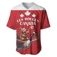 Red baseball jersey with white collar, 'LES ROUGES CANADA' and beaver riding goose