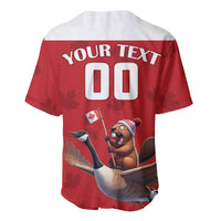 Red baseball jersey, white collar, beaver riding goose, 'YOUR TEXT 00' on back
