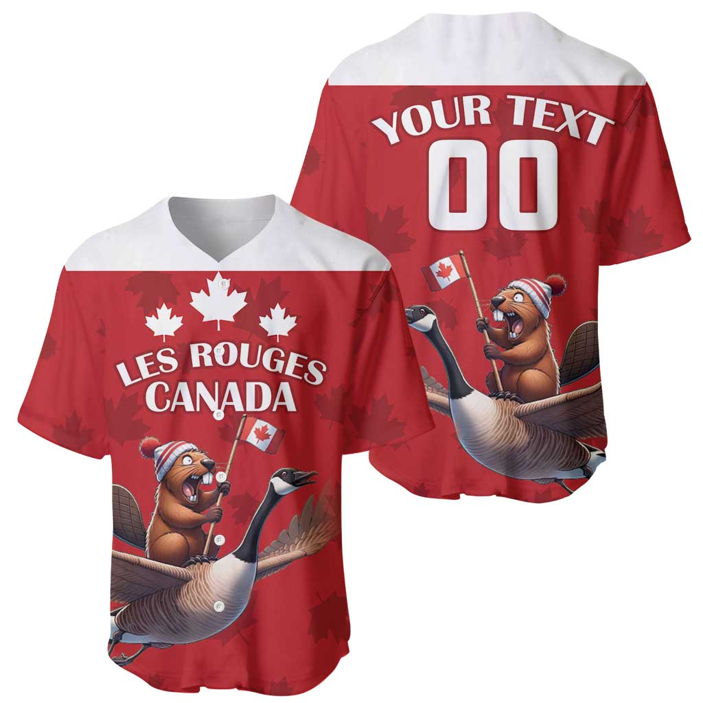Two red Canada baseball jerseys: 'LES ROUGES CANADA' front, 'YOUR TEXT 00' back