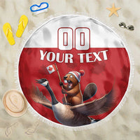 Round red beach blanket with white fringe, bear holding Canadian flag, custom text