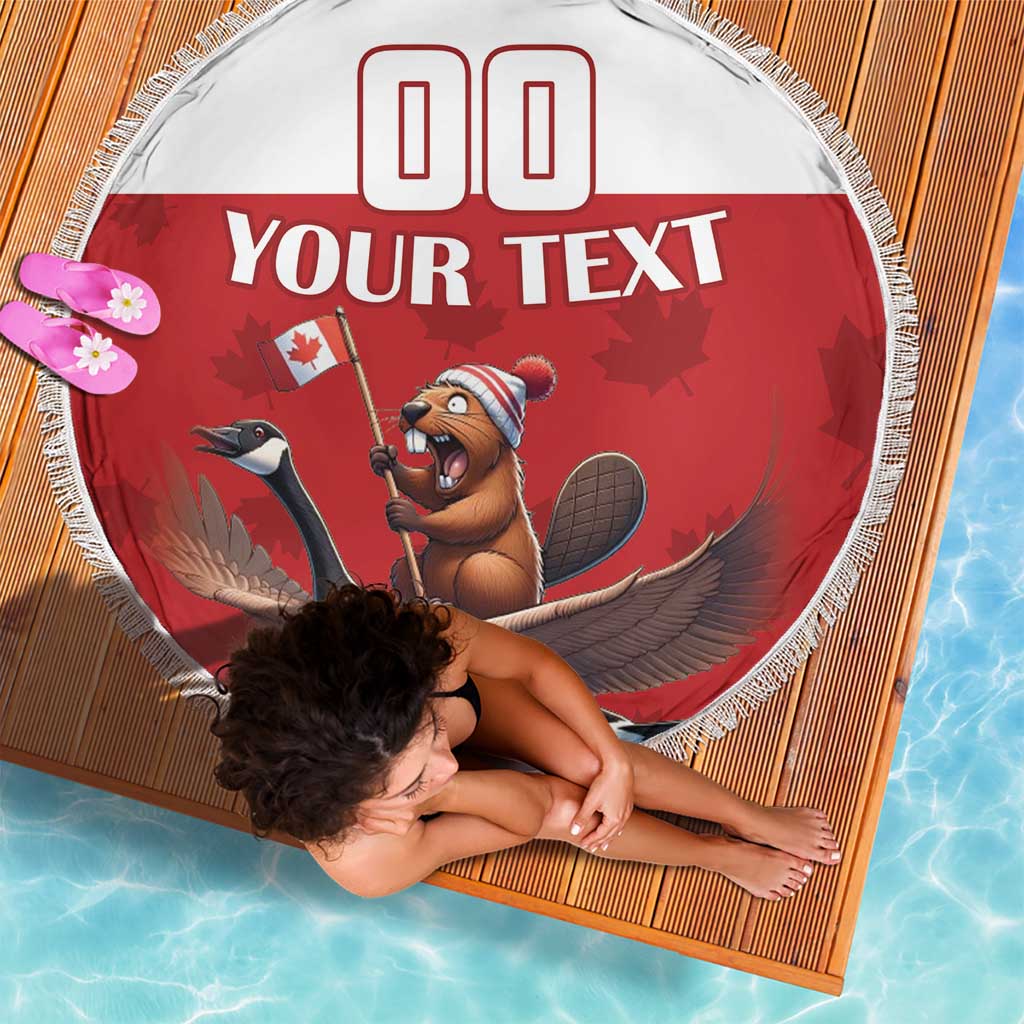 Round red beach blanket with white fringe, custom text panels and bear with hockey stick
