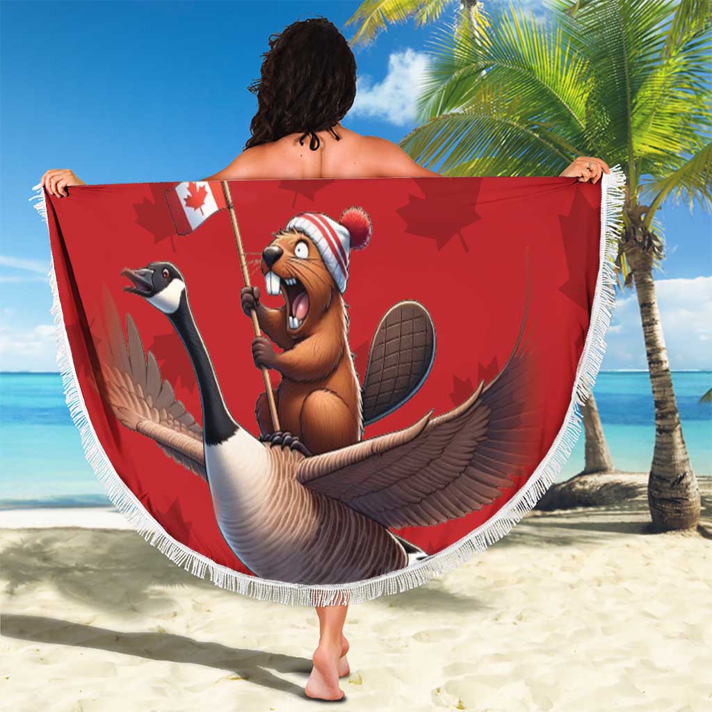 Round red beach blanket with white fringe, bear mascot with Canadian flag on circular center