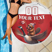 Round red beach blanket with white fringe, bear and bird graphics, custom text