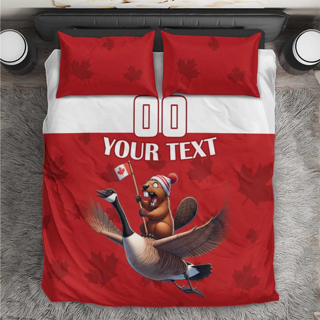 Red and white duvet bedding set with two pillowcases; custom text and goose rider print