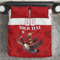 Red and white duvet bedding set with two pillowcases; custom text and goose rider print