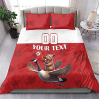 Red and white bedding set with two pillowcases; custom text and cartoon goose rider graphic