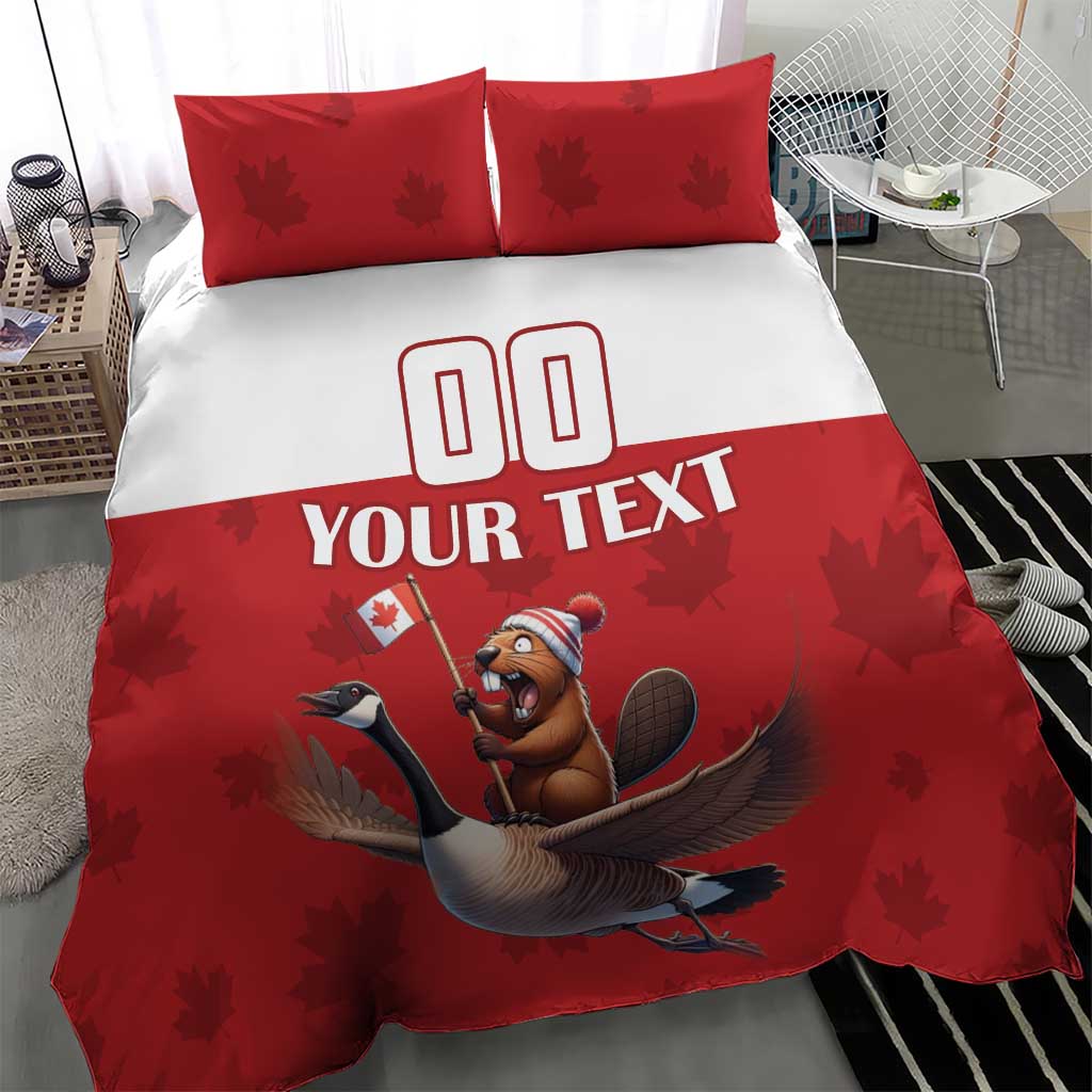 Red and white duvet bedding set with two pillowcases; custom text and goose rider artwork