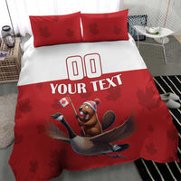 Red and white duvet bedding set with two pillowcases; custom text and goose rider artwork
