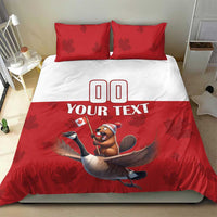 Red and white duvet bedding set with two pillowcases; custom text and goose rider design