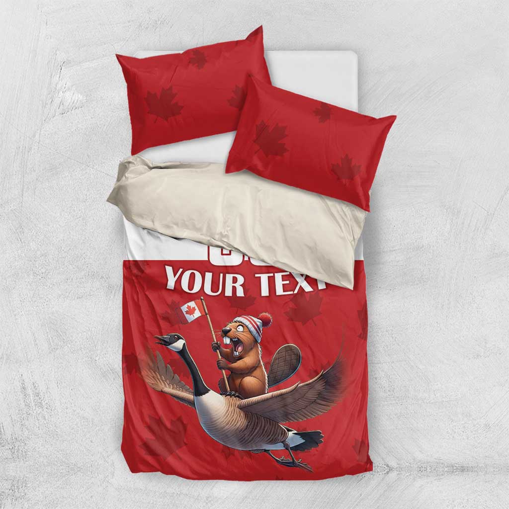 Red and white bedding set with two pillowcases; custom text and cartoon goose rider print
