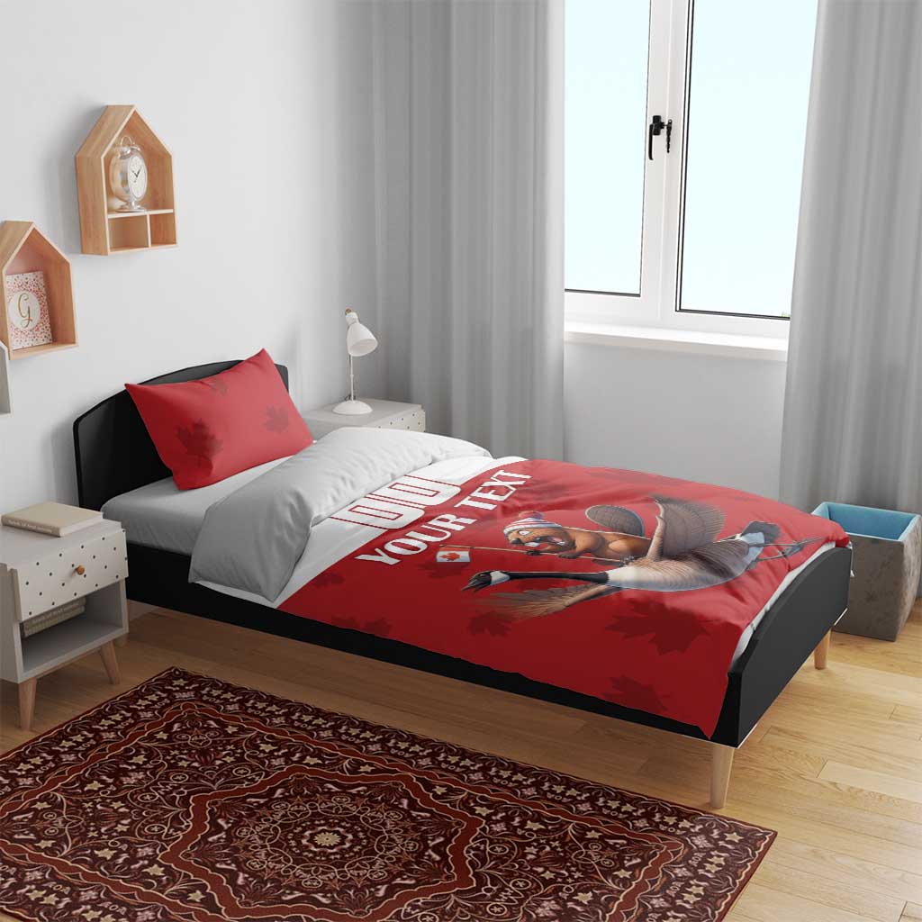 Red and white duvet bedding set on a bed; custom text and goose rider graphic