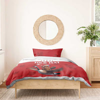 Red and white duvet cover set with custom text; cartoon goose rider print and matching top panel