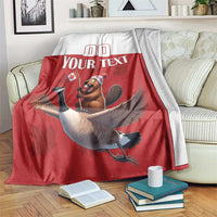 Red and white custom rugby blanket with beaver riding goose and 'YOUR TEXT' print