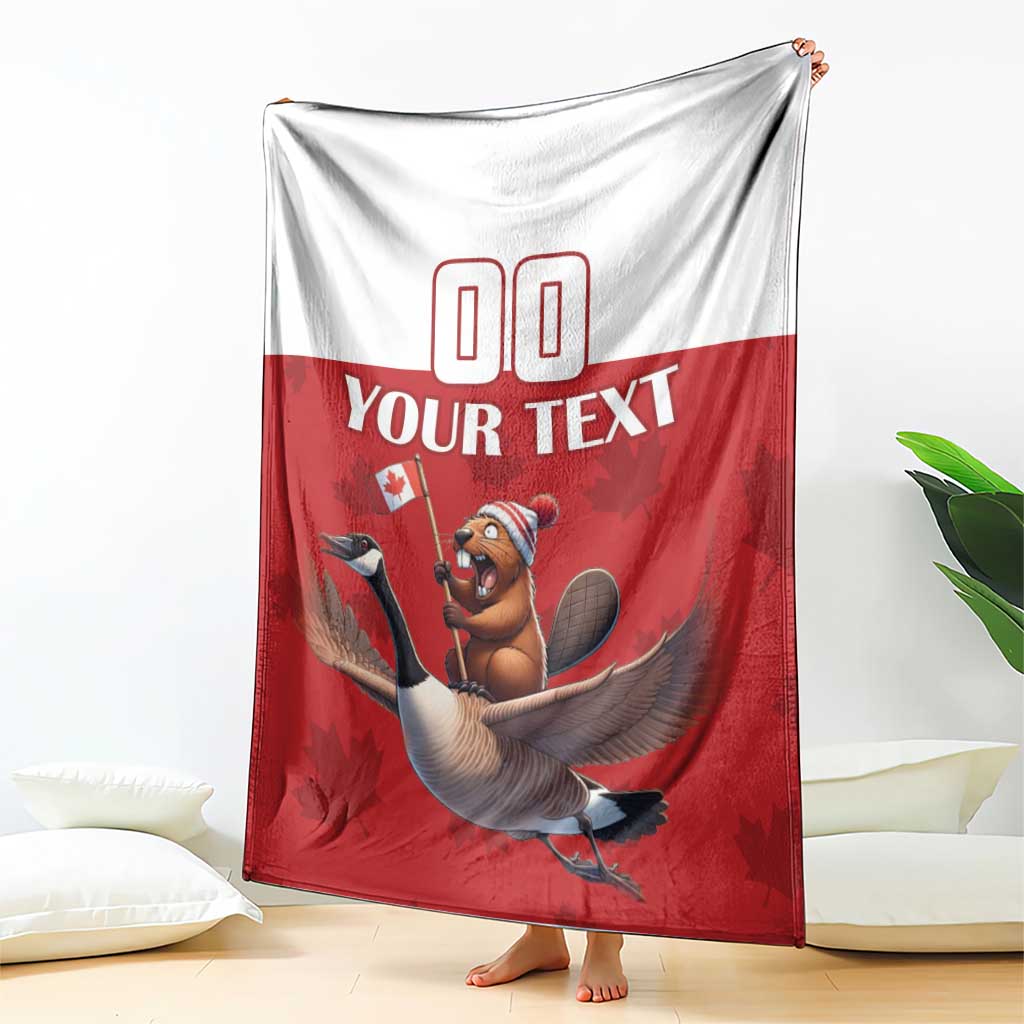 Red and white custom rugby blanket draped, featuring beaver riding goose and 'YOUR TEXT'