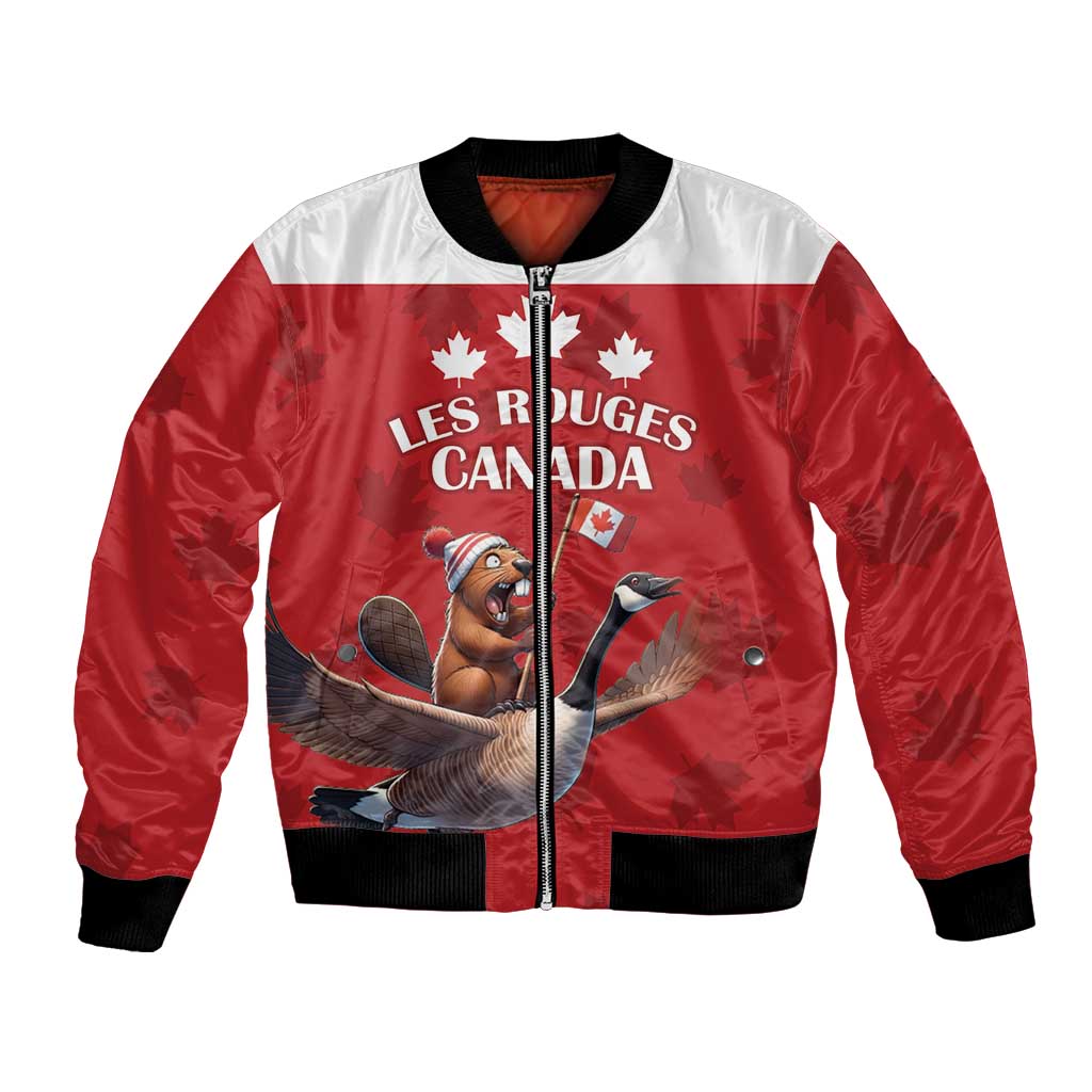 Red Canada-themed bomber jacket, front zip, black ribbed collar, cuffs, and hem