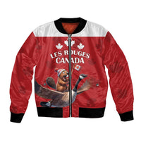 Red Canada-themed bomber jacket, front zip, black ribbed collar, cuffs, and hem