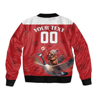 Red bomber jacket back graphic with customizable text, black ribbed collar, hem