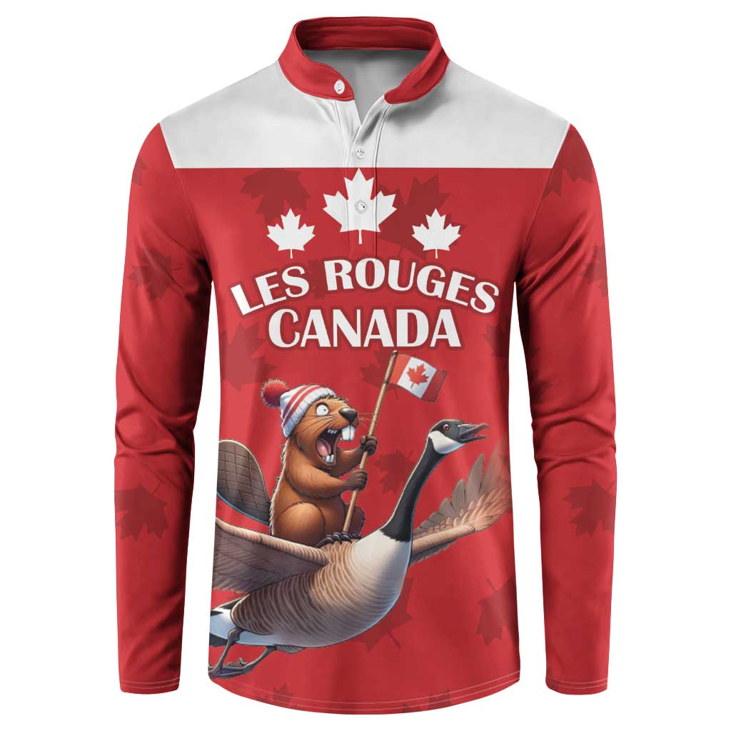 Red rugby button sweatshirt with white yoke, long sleeves, beaver on goose front graphic