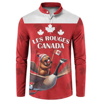 Red rugby button sweatshirt with white yoke, long sleeves, beaver on goose front graphic