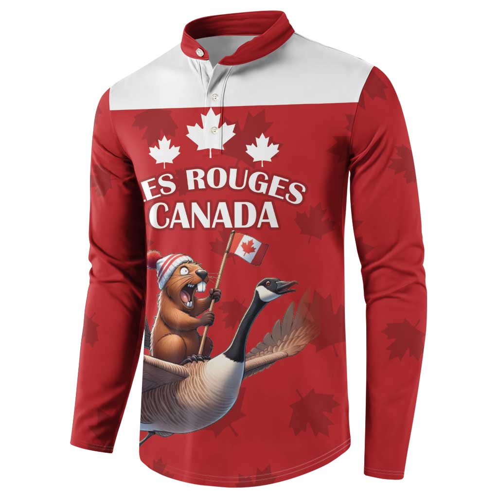 Red and white rugby button sweatshirt with 'LES ROUGES CANADA' front graphic and maple leaves