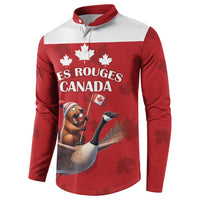 Red and white rugby button sweatshirt with 'LES ROUGES CANADA' front graphic and maple leaves