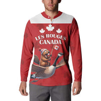 Red rugby button sweatshirt worn by model, long sleeves, 'LES ROUGES CANADA' front print