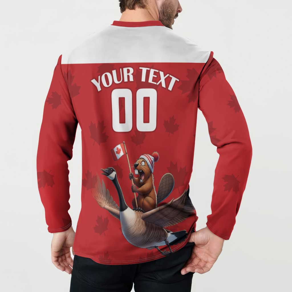 Red rugby button sweatshirt worn from back, 'YOUR TEXT 00' graphic on white yoke