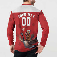 Red rugby button sweatshirt worn from back, 'YOUR TEXT 00' graphic on white yoke