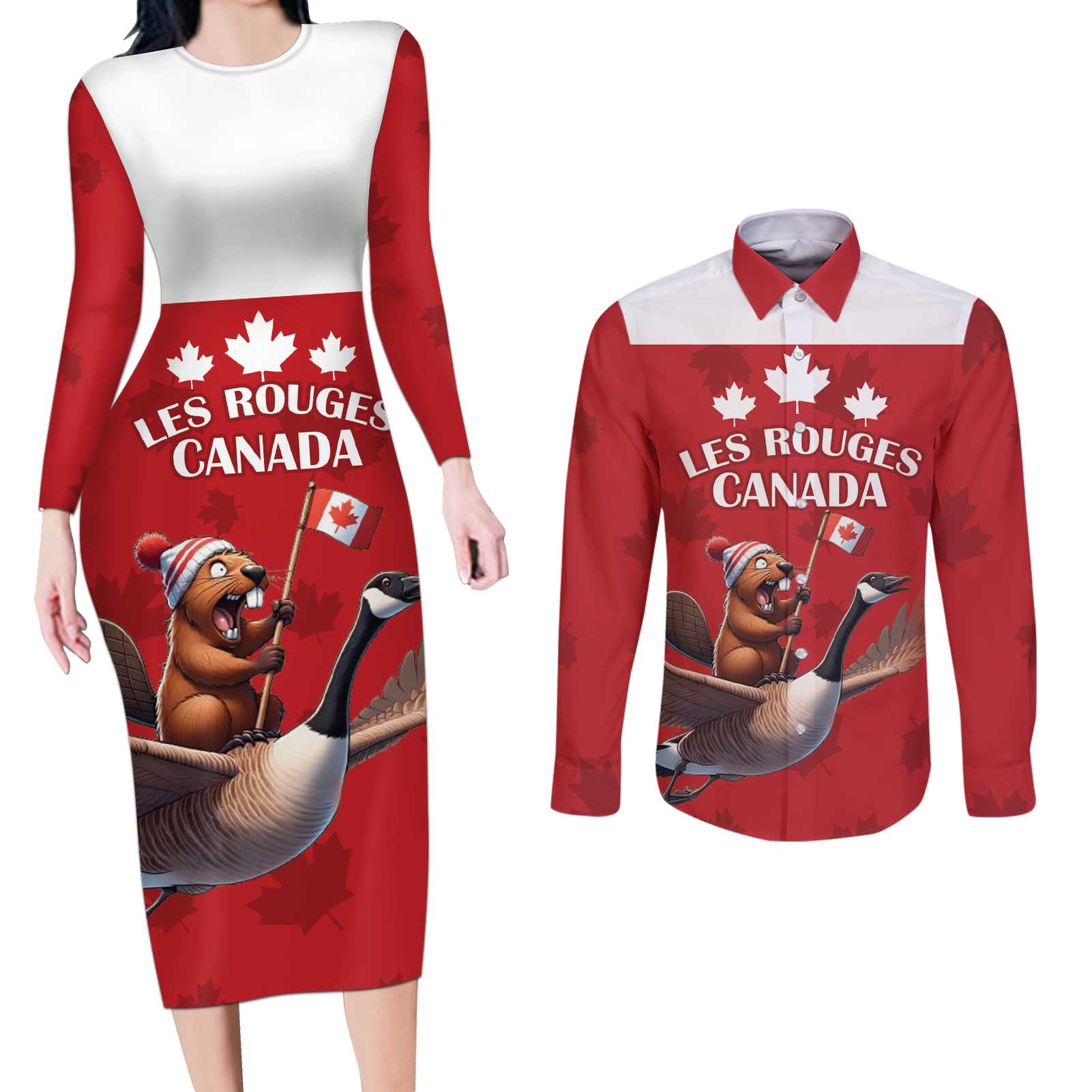 Custom Canada Rugby Couples Matching Long Sleeve Bodycon Dress and Long Sleeve Button Shirt Beaver Riding A Goose - Wonder Print Shop