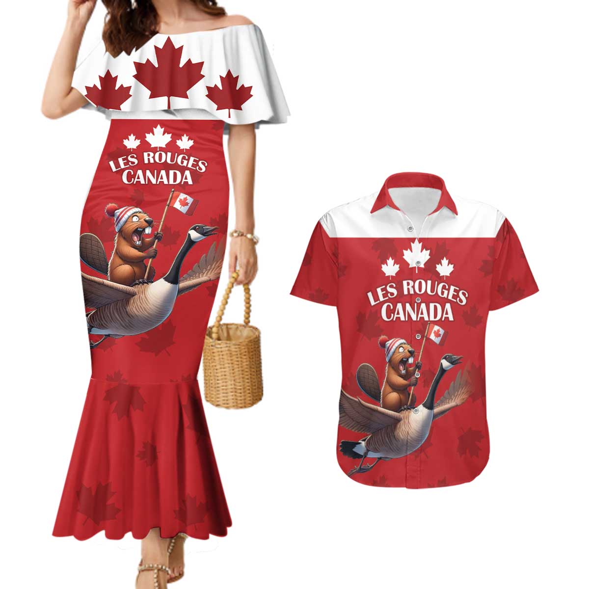 Custom Canada Rugby Couples Matching Mermaid Dress and Hawaiian Shirt Beaver Riding A Goose - Wonder Print Shop