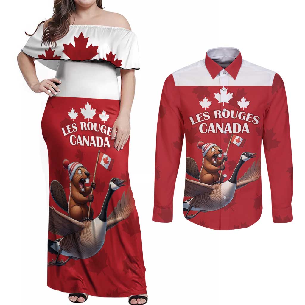 Custom Canada Rugby Couples Matching Off Shoulder Maxi Dress and Long Sleeve Button Shirt Beaver Riding A Goose - Wonder Print Shop