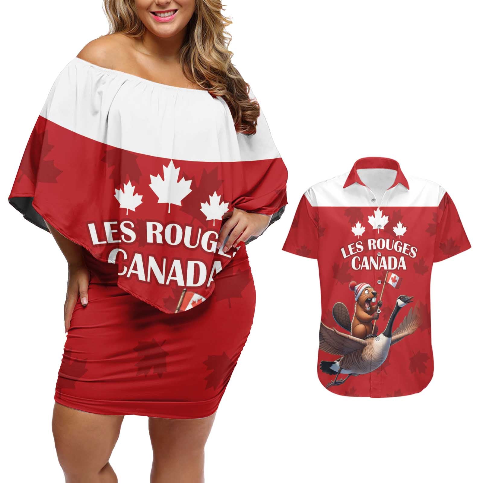 Custom Canada Rugby Couples Matching Off Shoulder Short Dress and Hawaiian Shirt Beaver Riding A Goose - Wonder Print Shop