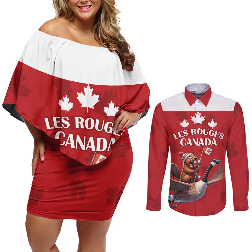 Custom Canada Rugby Couples Matching Off Shoulder Short Dress and Long Sleeve Button Shirt Beaver Riding A Goose - Wonder Print Shop