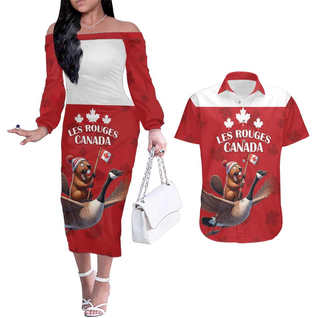 Custom Canada Rugby Couples Matching Off The Shoulder Long Sleeve Dress and Hawaiian Shirt Beaver Riding A Goose - Wonder Print Shop