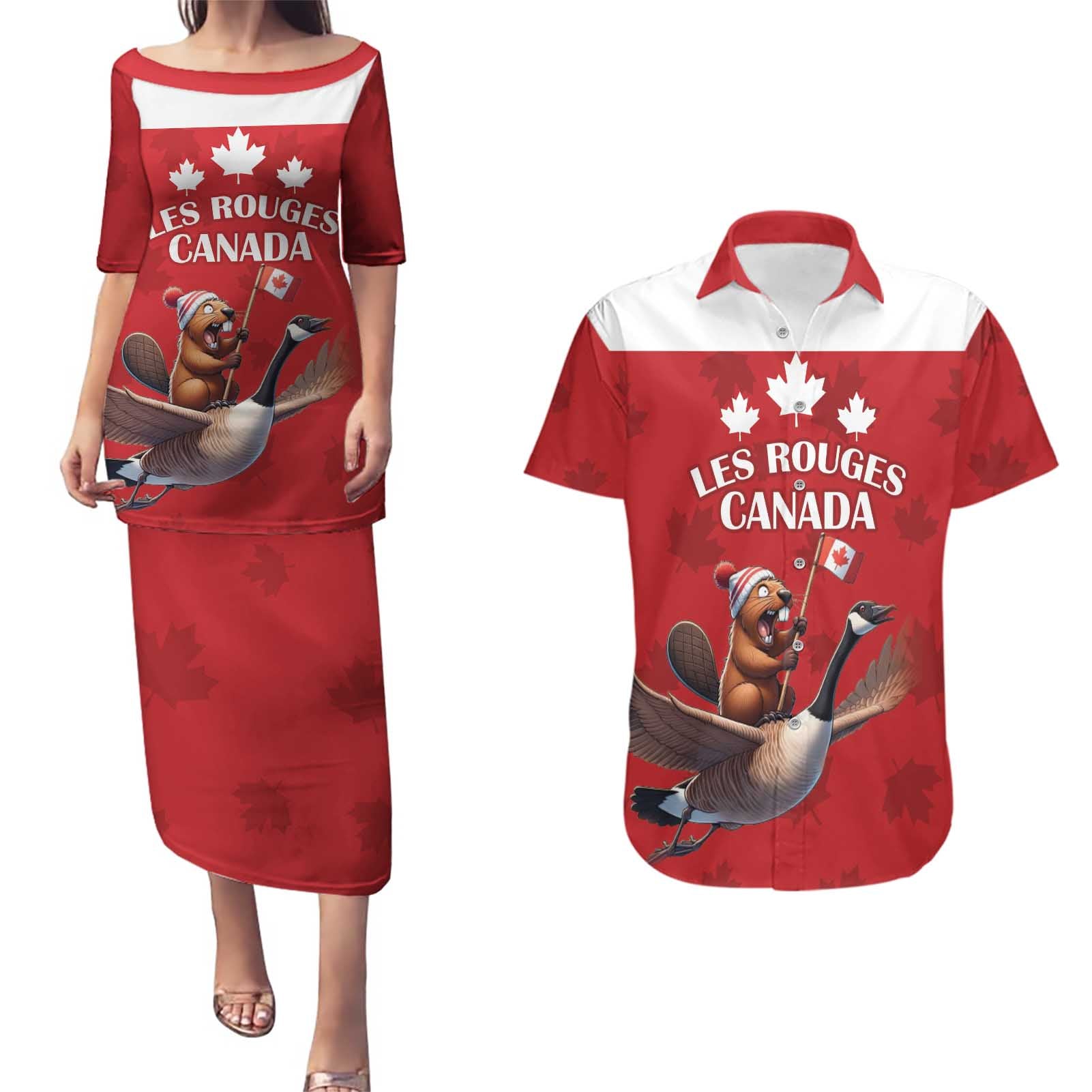 Custom Canada Rugby Couples Matching Puletasi and Hawaiian Shirt Beaver Riding A Goose - Wonder Print Shop