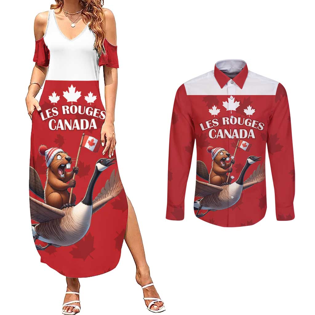 Custom Canada Rugby Couples Matching Summer Maxi Dress and Long Sleeve Button Shirt Beaver Riding A Goose - Wonder Print Shop