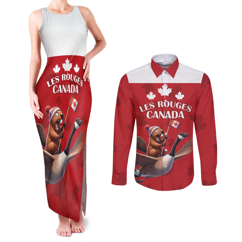 Custom Canada Rugby Couples Matching Tank Maxi Dress and Long Sleeve Button Shirt Beaver Riding A Goose - Wonder Print Shop