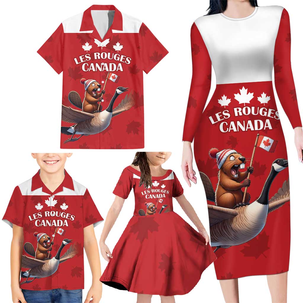 Custom Canada Rugby Family Matching Long Sleeve Bodycon Dress and Hawaiian Shirt Beaver Riding A Goose - Wonder Print Shop