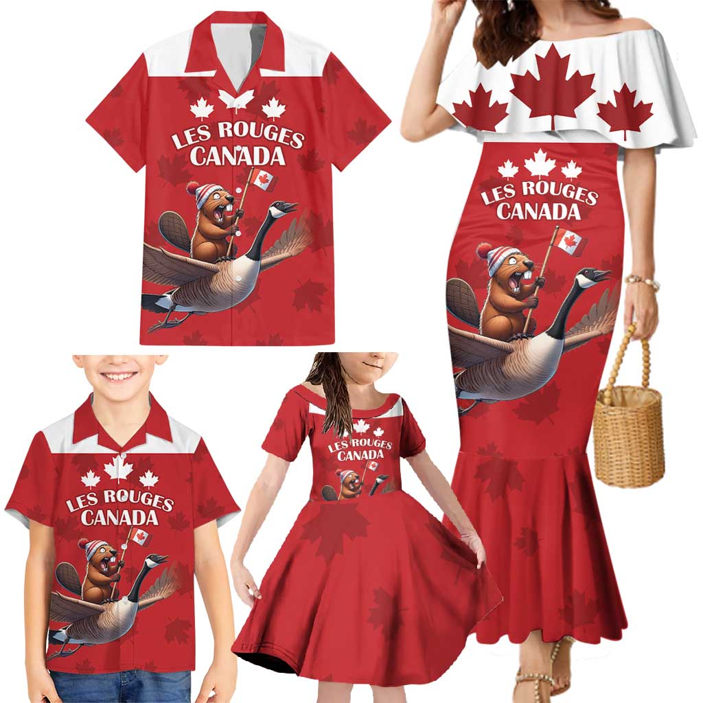 Custom Canada Rugby Family Matching Mermaid Dress and Hawaiian Shirt Beaver Riding A Goose - Wonder Print Shop