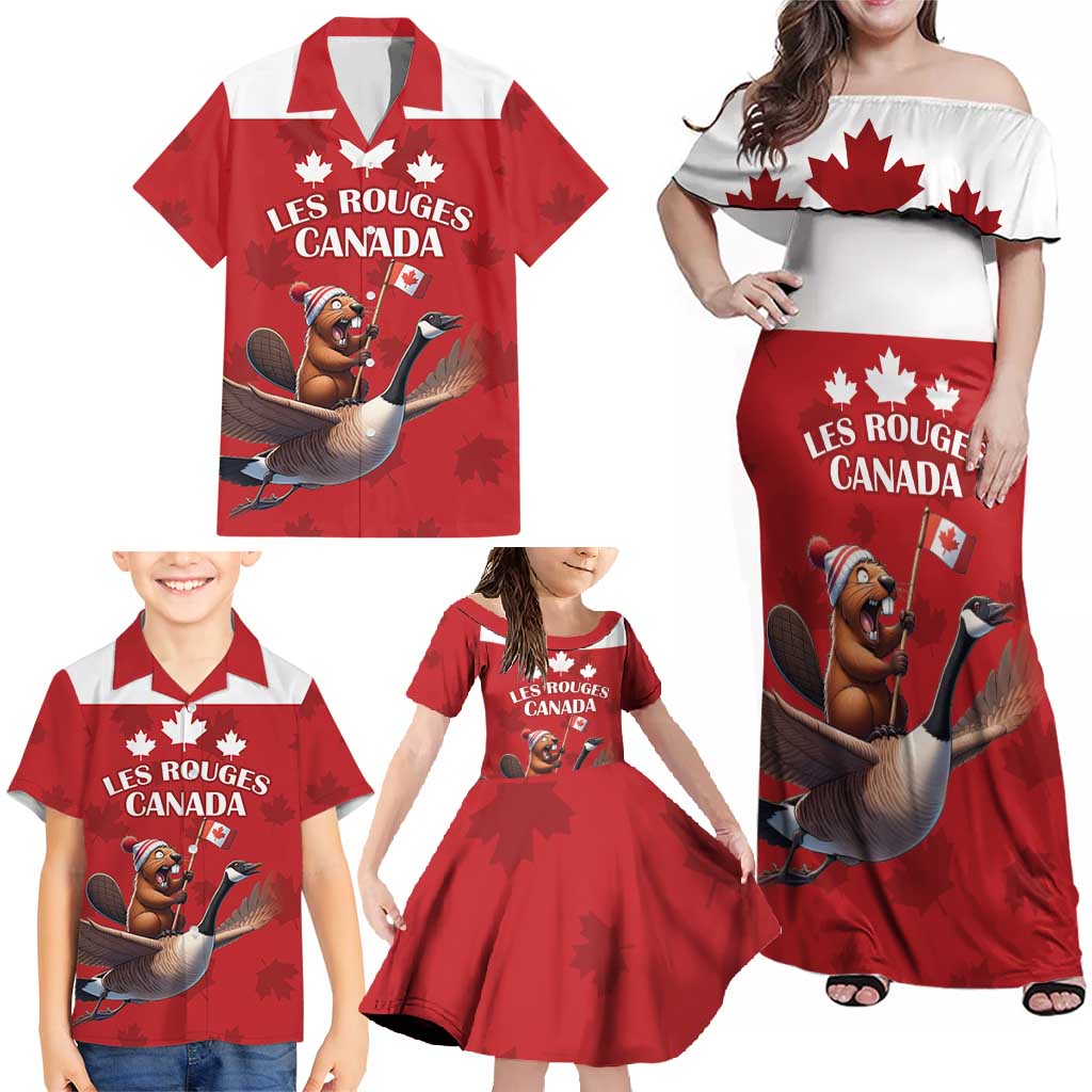 Custom Canada Rugby Family Matching Off Shoulder Maxi Dress and Hawaiian Shirt Beaver Riding A Goose - Wonder Print Shop