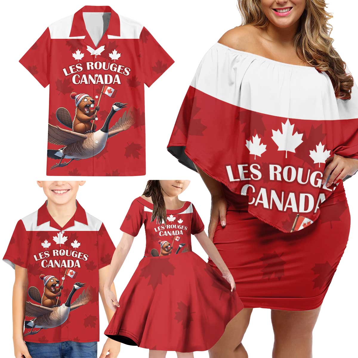 Custom Canada Rugby Family Matching Off Shoulder Short Dress and Hawaiian Shirt Beaver Riding A Goose - Wonder Print Shop