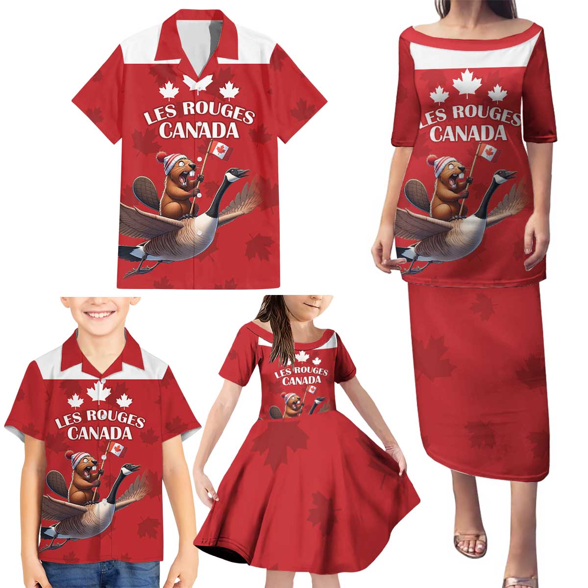 Custom Canada Rugby Family Matching Puletasi and Hawaiian Shirt Beaver Riding A Goose - Wonder Print Shop