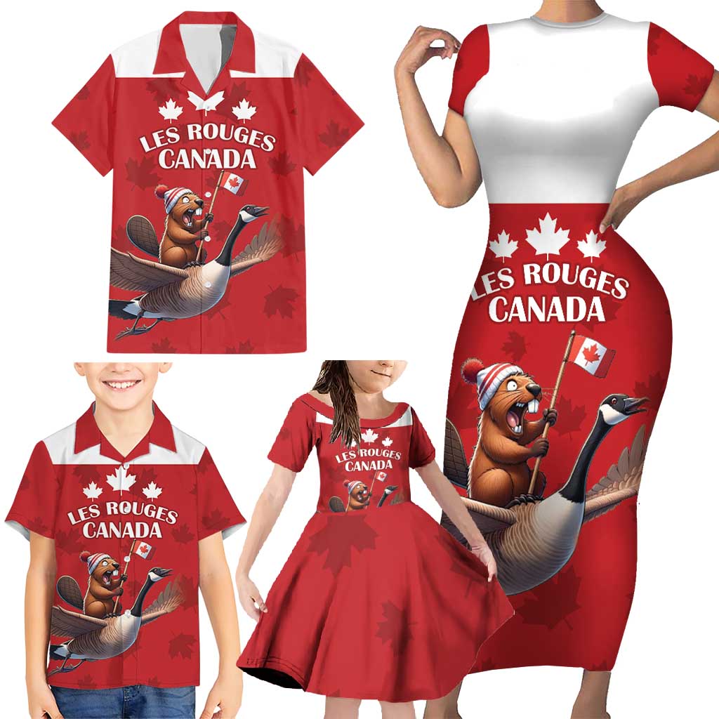 Custom Canada Rugby Family Matching Short Sleeve Bodycon Dress and Hawaiian Shirt Beaver Riding A Goose - Wonder Print Shop