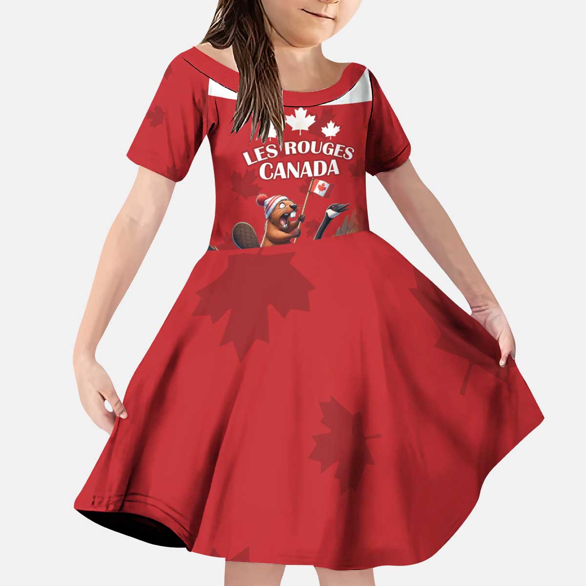 Custom Canada Rugby Kid Short Sleeve Dress Beaver Riding A Goose - Wonder Print Shop