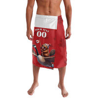 Red graphic swim trunks with white waistband and cartoon action print, knee length