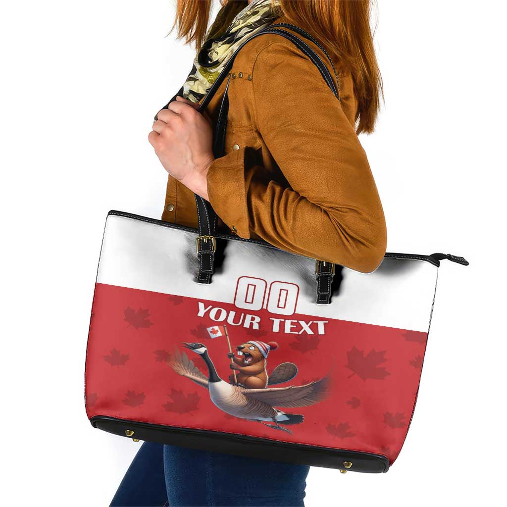 Custom Canada Rugby Leather Tote Bag Beaver Riding A Goose