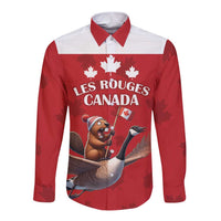Red long-sleeve rugby button shirt with white yoke and Canada Les Rouges graphic